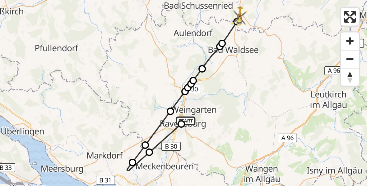 Flugroute Rettungshubschrauber Sankt Elisabeth Hospital - Eberhardzell, 03 Mai 2026, 13:25