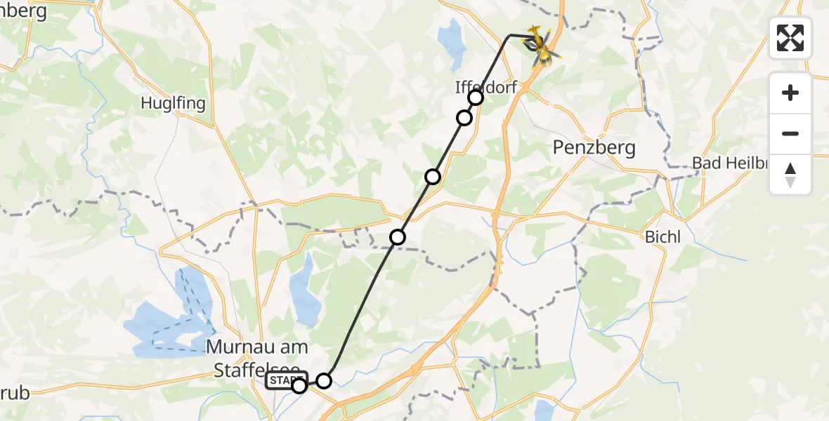 Flugroute Rettungshubschrauber Murnau Accident Hospital - Iffeldorf, 03 Mai 2026, 13:30