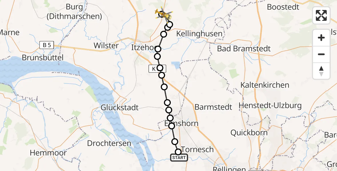 Flugroute Rettungshubschrauber Uetersen - Hohenlockstedt, 03 Mai 2026, 13:30