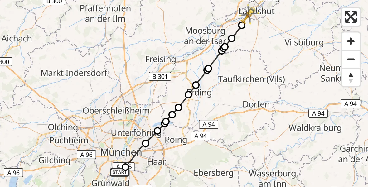 Flugroute Rettungshubschrauber Perlacher Forst - Landshut, 03 Mai 2026, 13:38