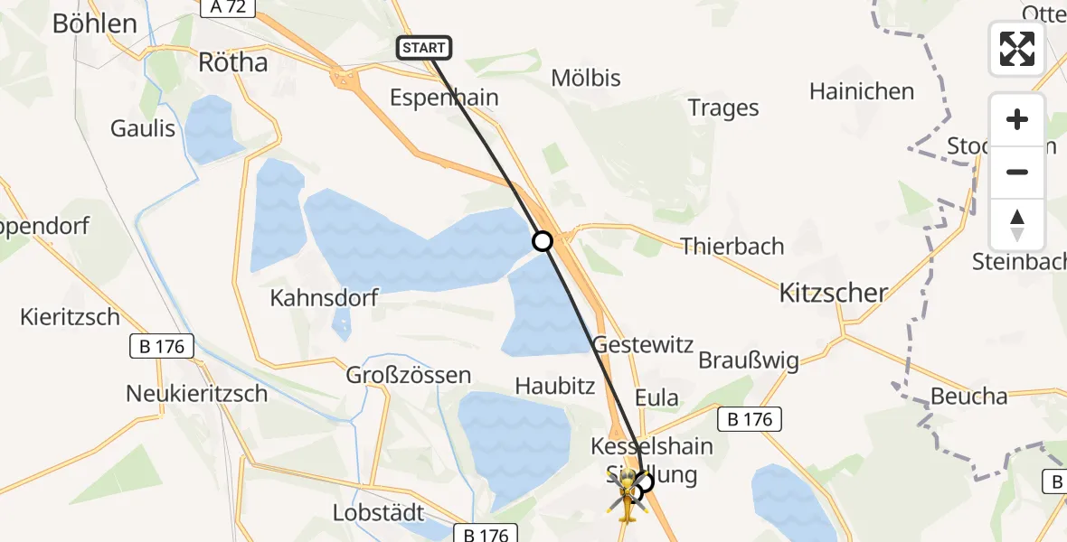 Flugroute Rettungshubschrauber Rötha - Sana Hospital Borna, 03 Mai 2026, 13:45