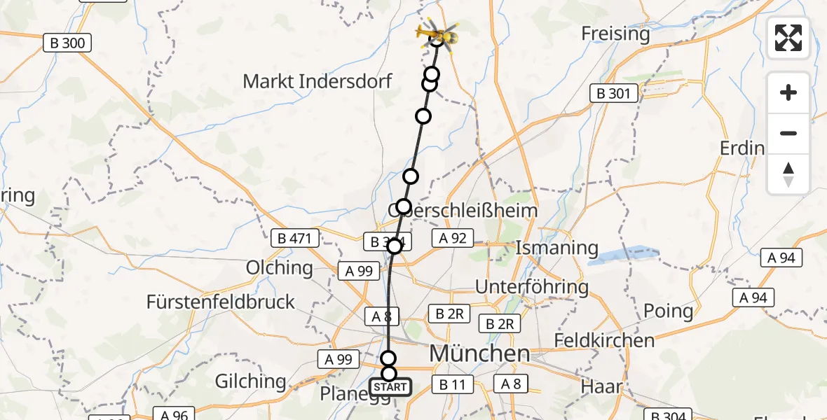 Flugroute Rettungshubschrauber DRF Air Rescue München Hubschrauberlandeplatz - Petershausen, 03 Mai 2026, 13:46