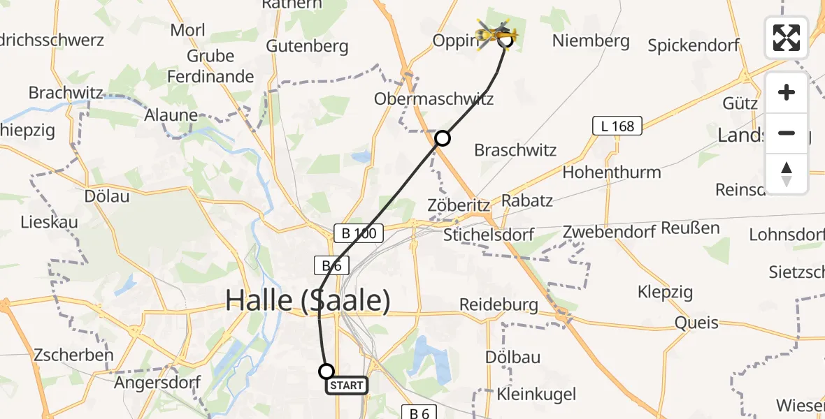 Flugroute Rettungshubschrauber BG Hospital Bergmannstrost Halle - Halle-Oppin Flugplatz, 03 Mai 2026, 13:47