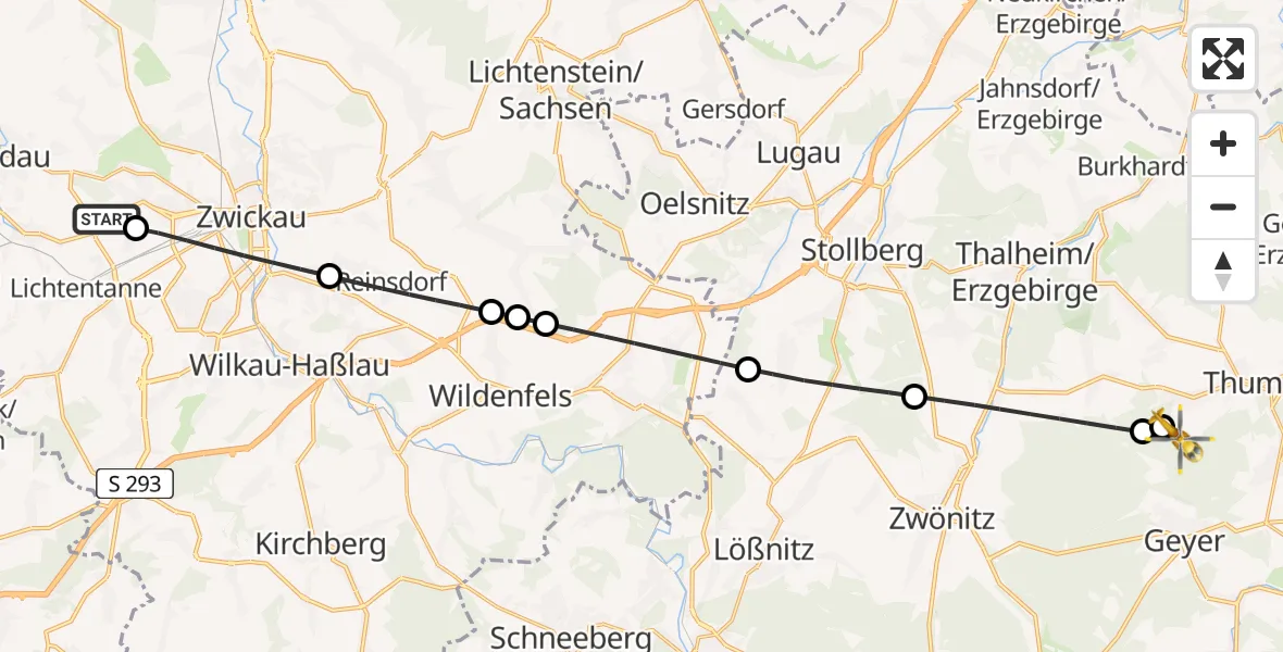 Flugroute Rettungshubschrauber ADAC Air Rescue Station Zwickau Hubschrauberlandeplatz - Thum, 03 Mai 2026, 13:56