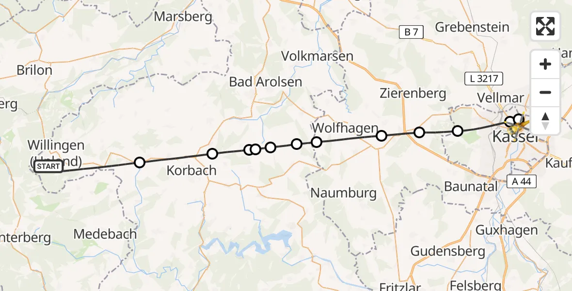 Flugroute Rettungshubschrauber Willingen (Upland) - Kassel, 03 Mai 2026, 13:57