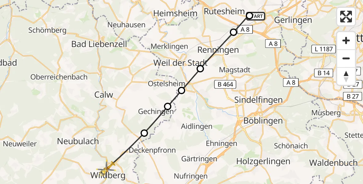 Flugroute Rettungshubschrauber Leonberg Hospital - Wildberg, 03 Mai 2026, 13:59