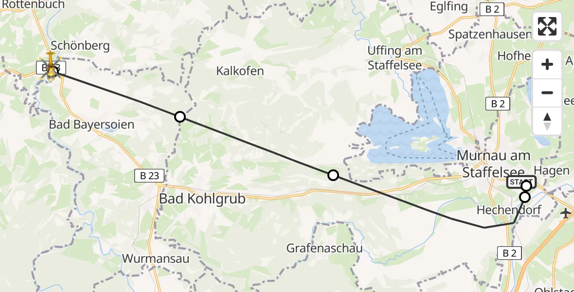 Flugroute Rettungshubschrauber Murnau Accident Hospital - Rottenbuch, 03 Mai 2026, 14:08