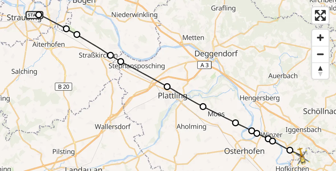 Flugroute Rettungshubschrauber Sankt Elisabeth Hospital Straubing - Winzer, 03 Mai 2026, 14:10