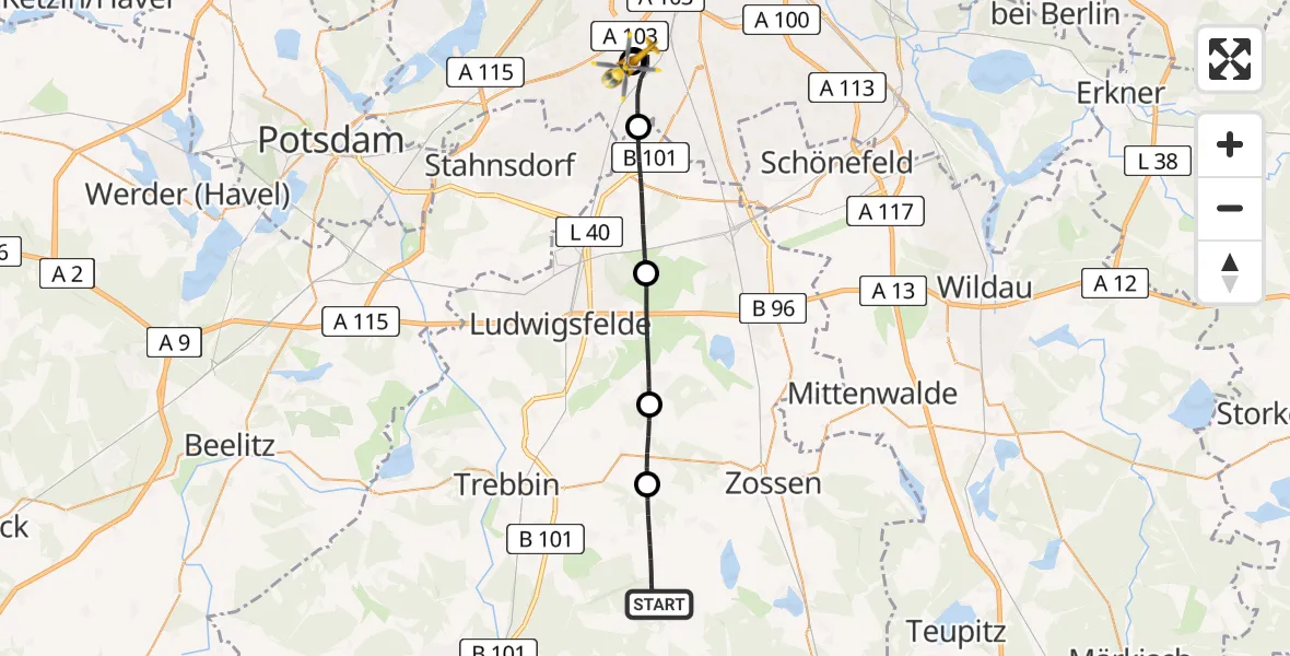 Flugroute Rettungshubschrauber Am Mellensee - Charité Clinic Benjamin Franklin Campus, 03 Mai 2026, 14:18