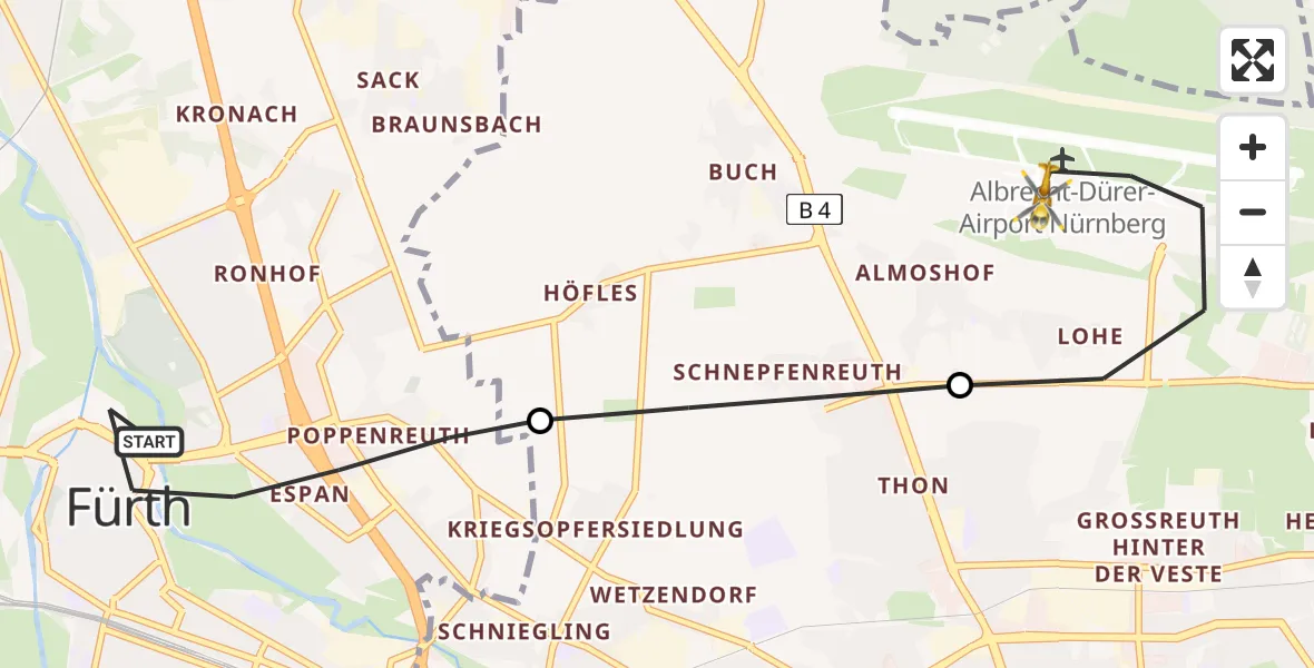 Flugroute Rettungshubschrauber Fürth - Flughafen Nuremberg, 03 Mai 2026, 14:20