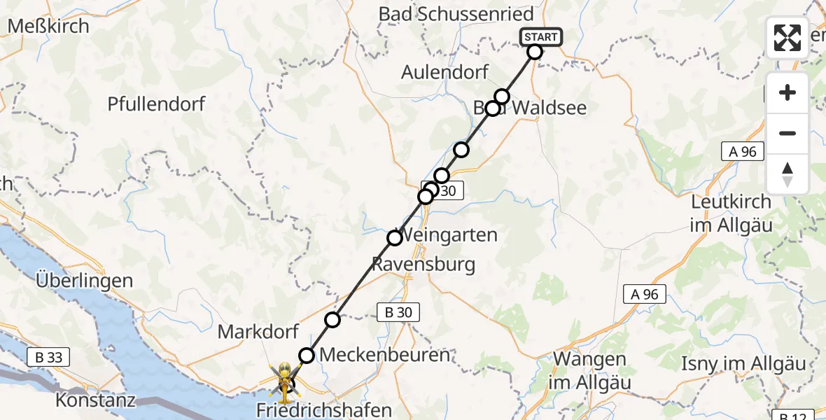 Flugroute Rettungshubschrauber Eberhardzell - Friedrichshafen Hospital, 03 Mai 2026, 14:20
