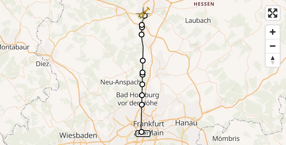 Flugroute Rettungshubschrauber Frankfurt University Hospital Neurology Clinic - Gießen, 03 Mai 2026, 14:22