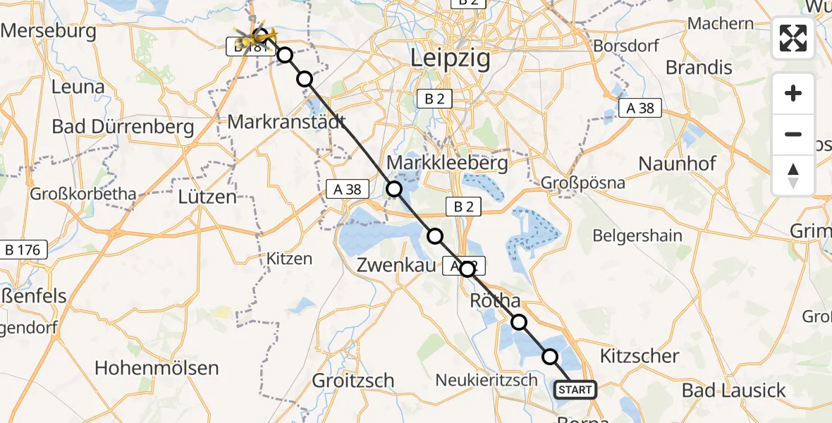 Flugroute Rettungshubschrauber Borna - ADAC Air Rescue Station Leipzig/Schkeuditz-Dölzig Hubschrauberlandeplatz (Christoph 61), 03 Mai 2026, 14:23