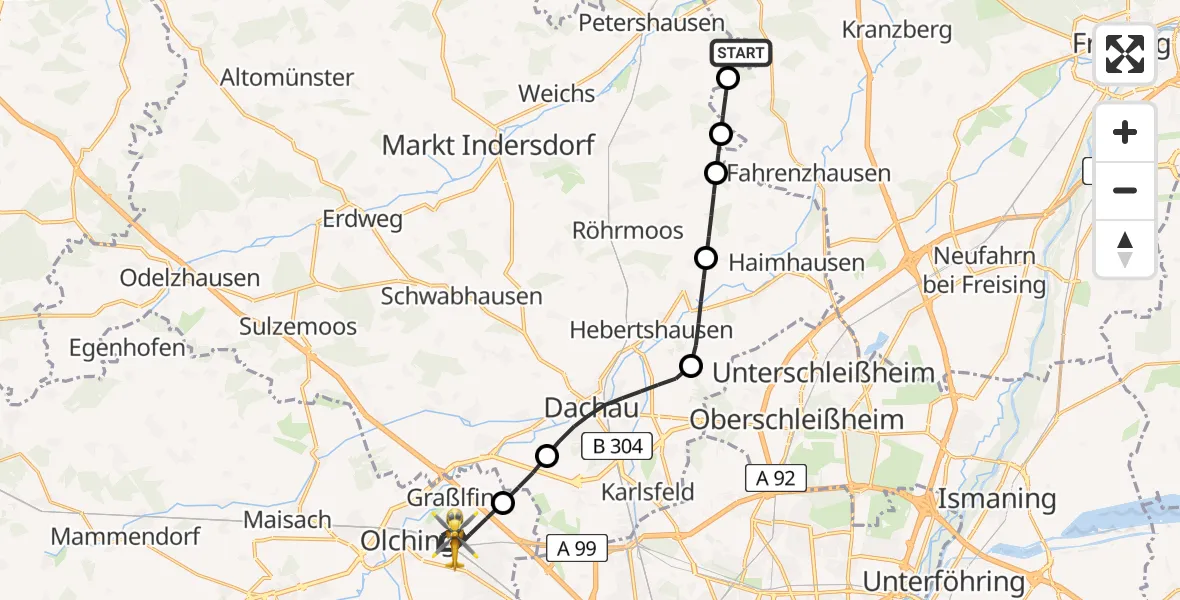 Flugroute Rettungshubschrauber Petershausen - Olching, 03 Mai 2026, 14:32