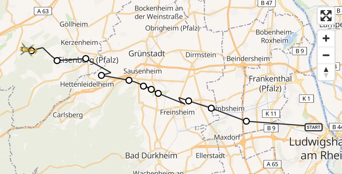 Flugroute Rettungshubschrauber Ludwigshafen am Rhein - Göllheim, 03 Mai 2026, 14:35