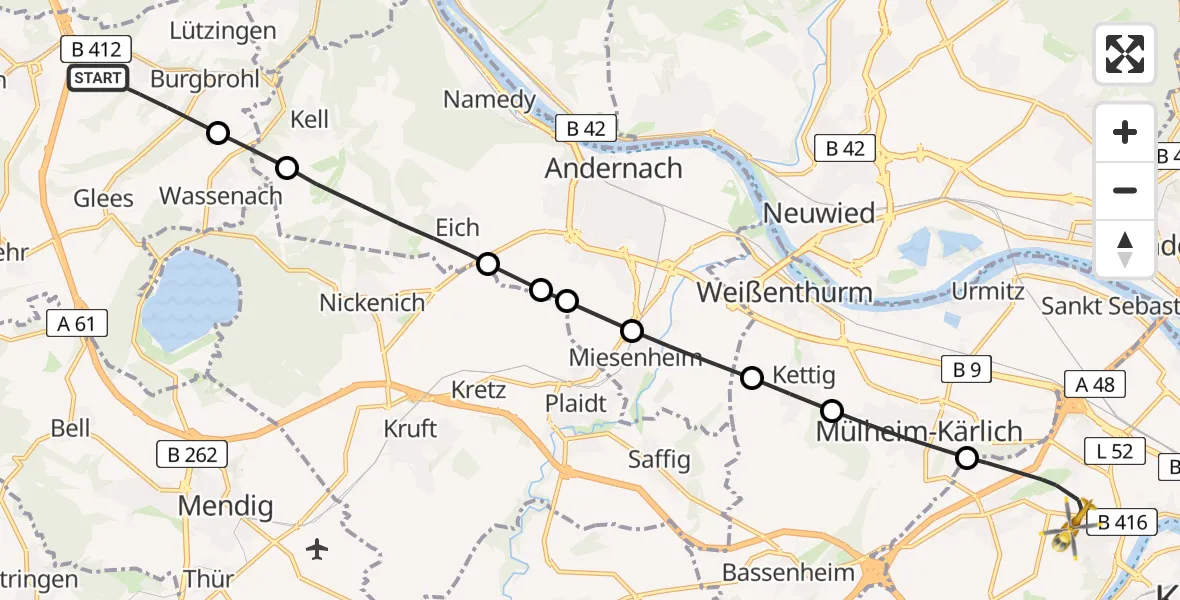Flugroute Rettungshubschrauber Burgbrohl - Koblenz, 03 Mai 2026, 14:37