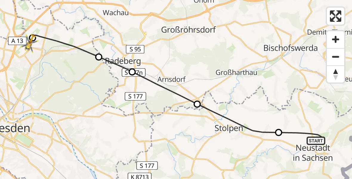 Flugroute Rettungshubschrauber Neustadt in Sachsen - Dresden Bundespolizei Hubschrauberlandeplatz, 03 Mai 2026, 14:40