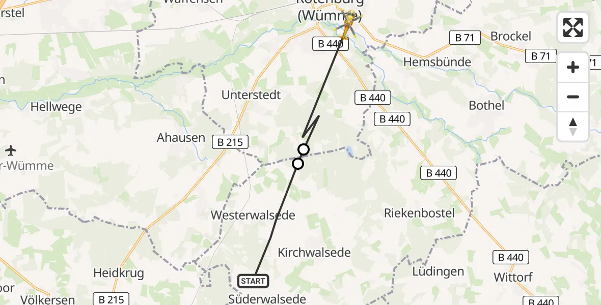 Flugroute Rettungshubschrauber Westerwalsede - Rotenburg (Wümme), 03 Mai 2026, 14:41
