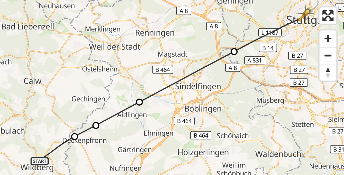 Flugroute Rettungshubschrauber Wildberg - Stuttgart, 03 Mai 2026, 14:41