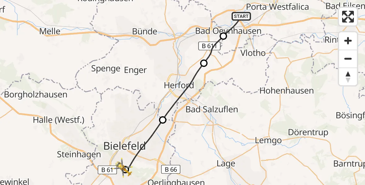 Flugroute Rettungshubschrauber Bad Oeynhausen - Luftrettungszentrum Bielefeld, 03 Mai 2026, 14:42