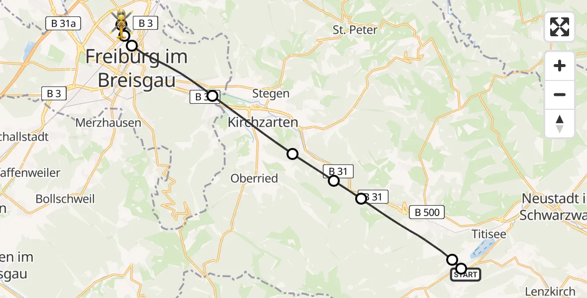 Flugroute Rettungshubschrauber Lenzkirch - Freiburg im Breisgau Flugplatz, 03 Mai 2026, 14:55