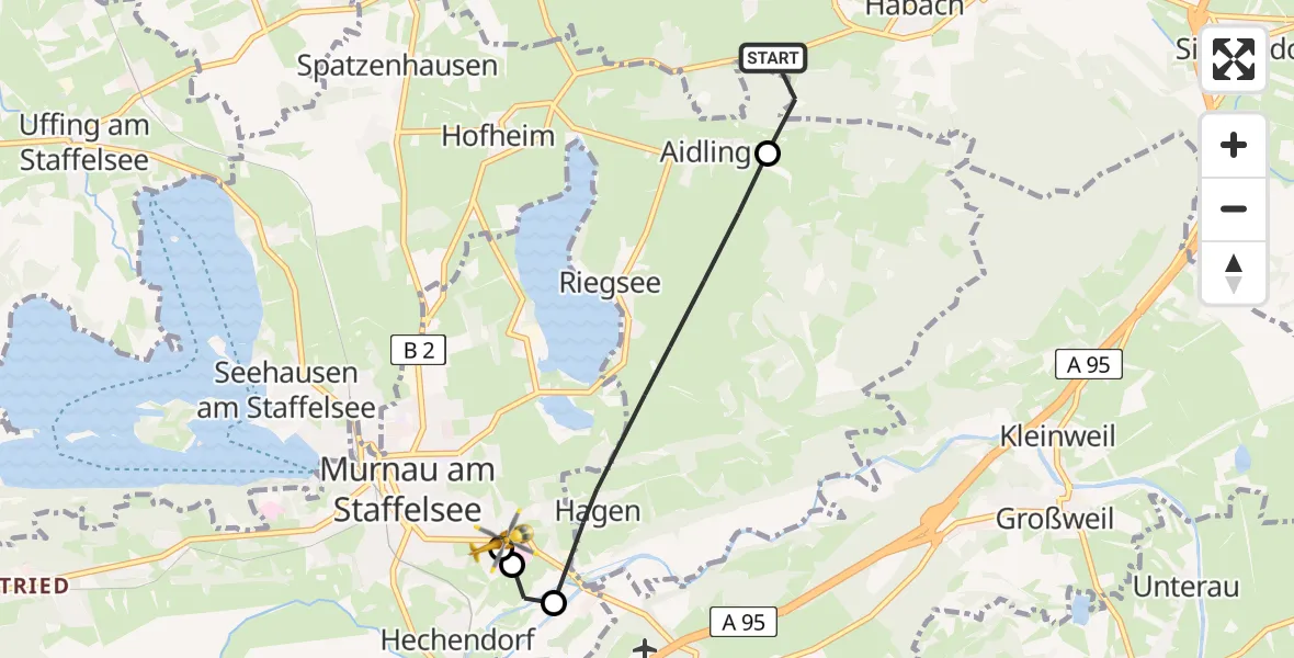 Flugroute Rettungshubschrauber Habach - Murnau Accident Hospital, 03 Mai 2026, 14:56