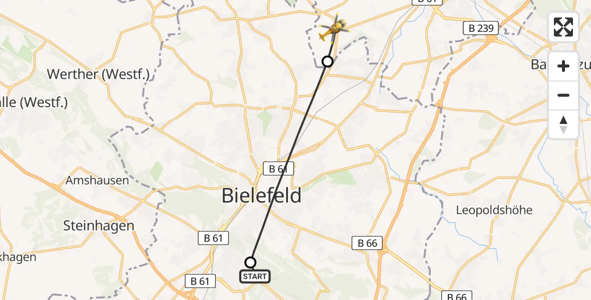 Flugroute Rettungshubschrauber Luftrettungszentrum Bielefeld - Herford, 03 Mai 2026, 15:10