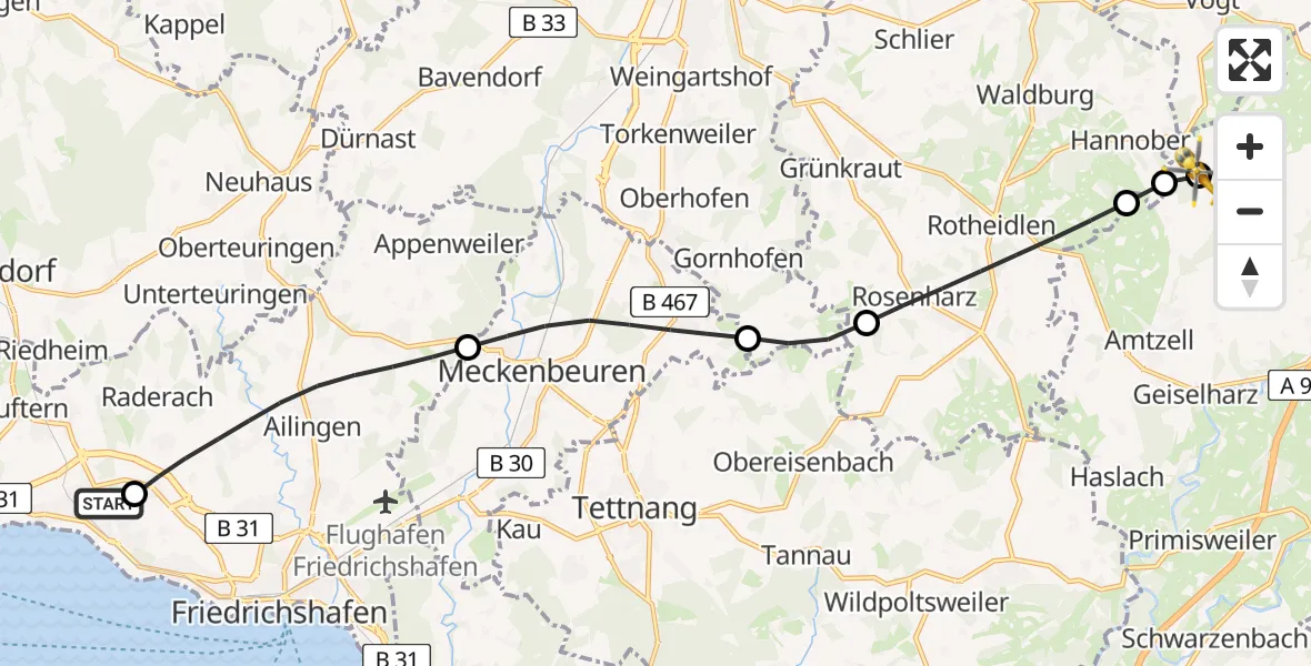 Flugroute Rettungshubschrauber Friedrichshafen Hospital - Amtzell, 03 Mai 2026, 15:14