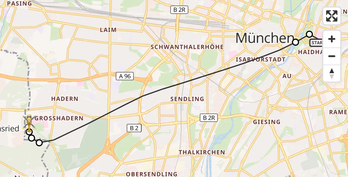 Flugroute Rettungshubschrauber Rechts der Isar University Hospital - DRF Air Rescue München Hubschrauberlandeplatz, 03 Mai 2026, 15:16