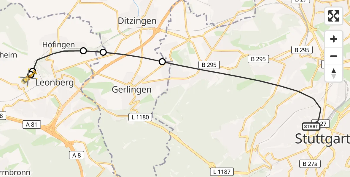 Flugroute Rettungshubschrauber Stuttgart - Leonberg Hospital, 03 Mai 2026, 15:16