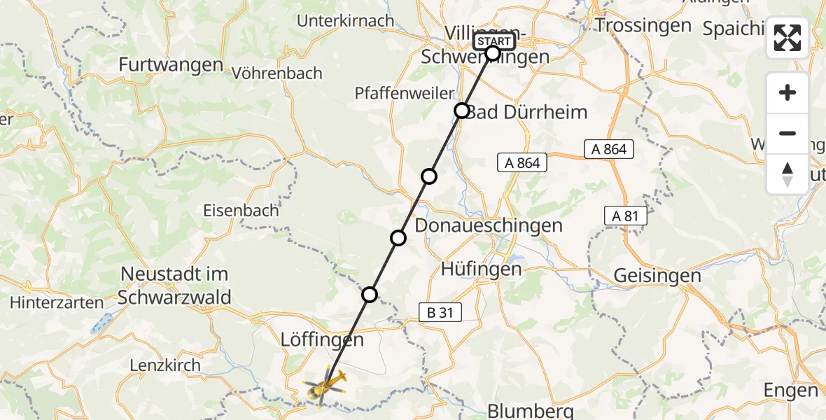 Flugroute Ambulanzhubschrauber DRF Air Rescue Station Villingen-Schwenningen Hubschrauberlandeplatz (Christoph 11) - Löffingen, 03 Mai 2026, 15:19