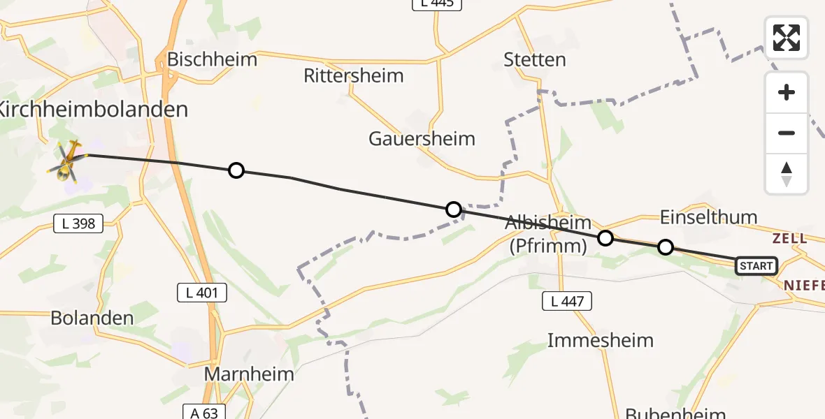 Flugroute Rettungshubschrauber Zellertal - Kirchheimbolanden, 03 Mai 2026, 15:19