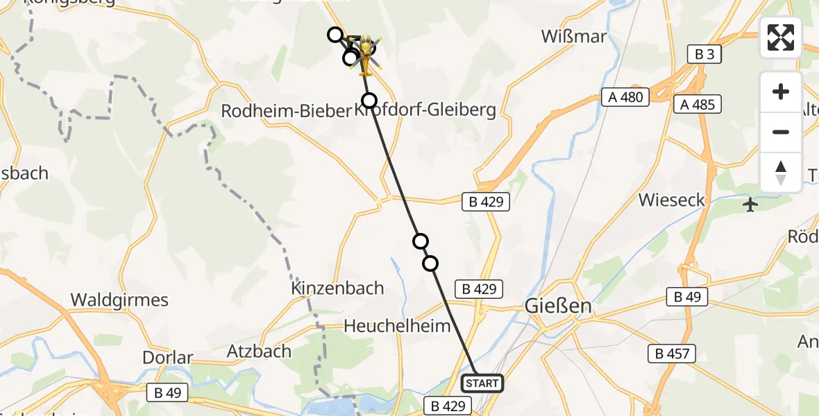 Flugroute Rettungshubschrauber Gießen - Wettenberg, 03 Mai 2026, 15:23