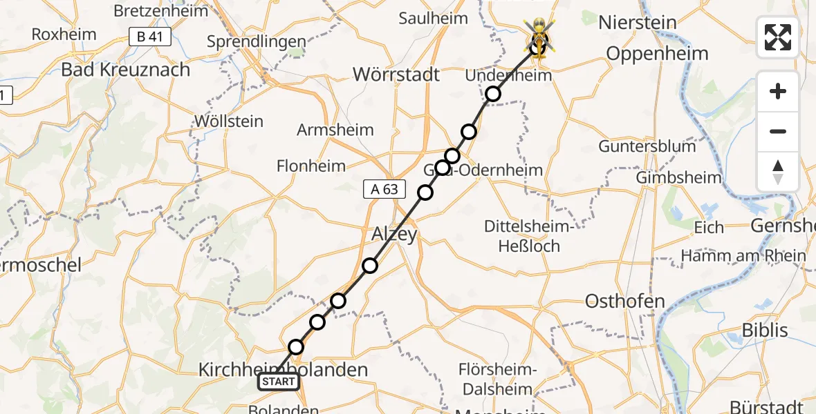 Flugroute Rettungshubschrauber Kirchheimbolanden - Hahnheim, 03 Mai 2026, 15:29