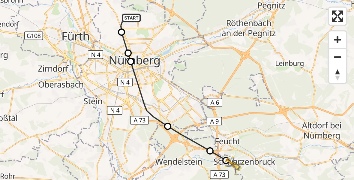 Flugroute Rettungshubschrauber Flughafen Nuremberg - Schwarzenbruck, 03 Mai 2026, 15:31