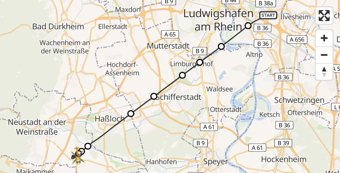 Flugroute Rettungshubschrauber Mannheim-City Flughafen - Neustadt an der Weinstraße, 03 Mai 2026, 15:43