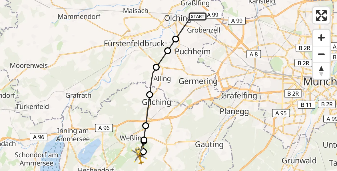 Flugroute Rettungshubschrauber Olching - Weßling, 03 Mai 2026, 15:45