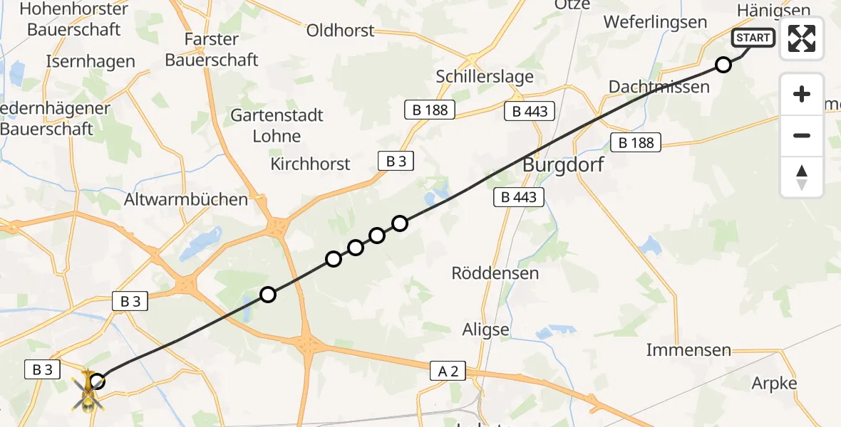 Flugroute Rettungshubschrauber Uetze - Hannover Luftrettung Hubschrauberlandeplatz (Christoph 4), 03 Mai 2026, 15:48