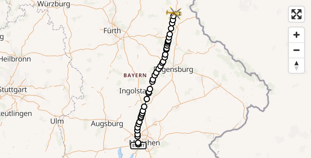 Flugroute Rettungshubschrauber DRF Air Rescue München Hubschrauberlandeplatz - Weiden i.d.OPf., 03 Mai 2026, 15:48