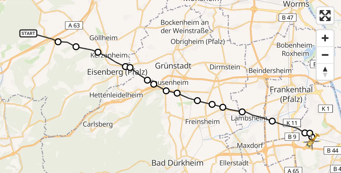Flugroute Rettungshubschrauber Börrstadt - Ludwigshafen Accident Hospital, 03 Mai 2026, 15:53