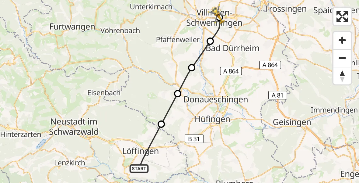 Flugroute Ambulanzhubschrauber Löffingen - DRF Air Rescue Station Villingen-Schwenningen Hubschrauberlandeplatz (Christoph 11), 03 Mai 2026, 15:53