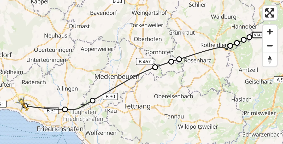Flugroute Rettungshubschrauber Amtzell - Friedrichshafen Hospital, 03 Mai 2026, 15:58