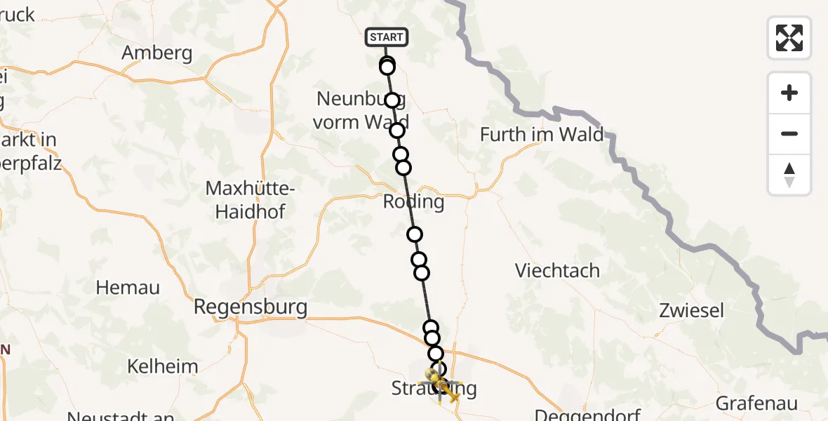 Flugroute Rettungshubschrauber Oberviechtach - Sankt Elisabeth Hospital Straubing, 03 Mai 2026, 16:00