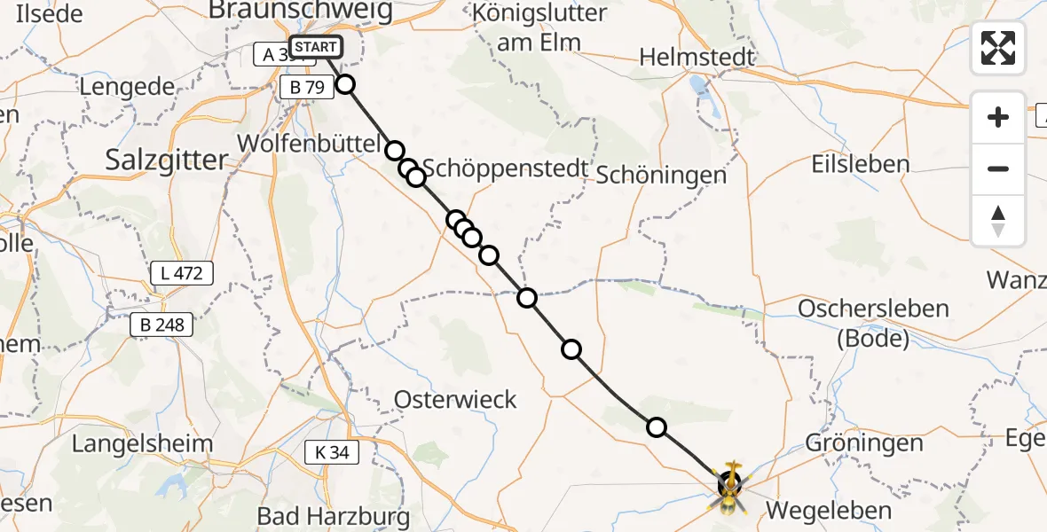 Flugroute Rettungshubschrauber Braunschweig - AMEOS Hospital Sankt Salvator Halberstadt, 03 Mai 2026, 16:07
