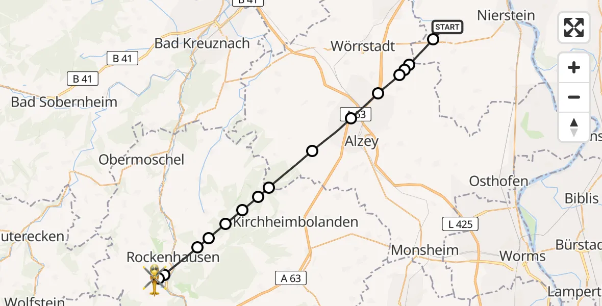 Flugroute Rettungshubschrauber Hahnheim - Imsweiler UL, 03 Mai 2026, 16:12
