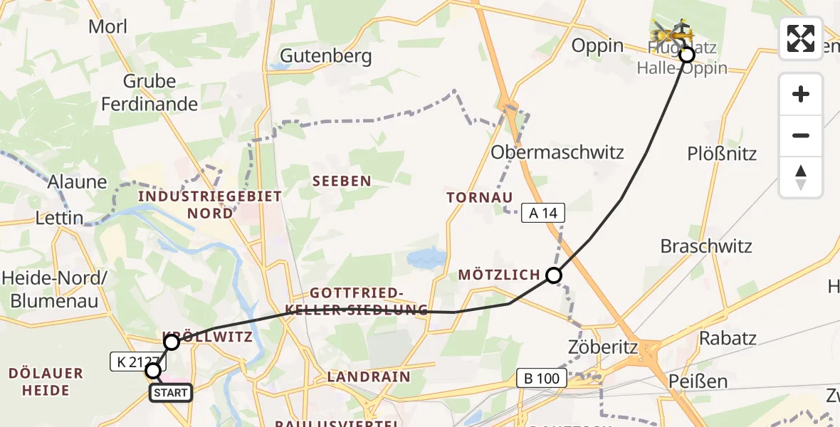 Flugroute Rettungshubschrauber Halle (Saale) University Hospital - Halle-Oppin Flugplatz, 03 Mai 2026, 16:13