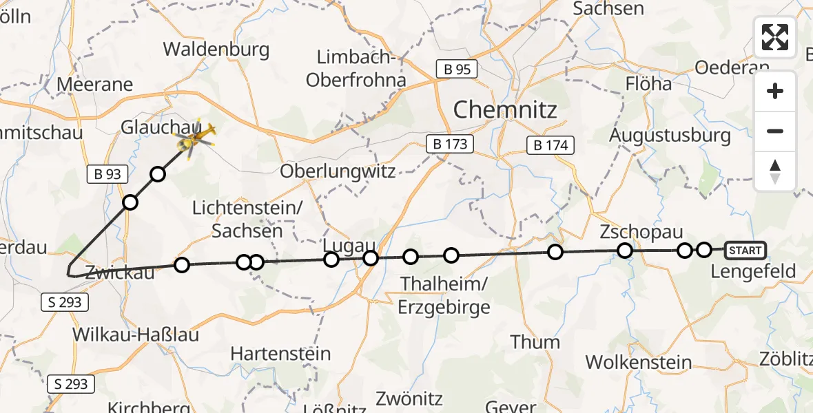 Flugroute Rettungshubschrauber Pockau-Lengefeld - Glauchau, 03 Mai 2026, 16:14