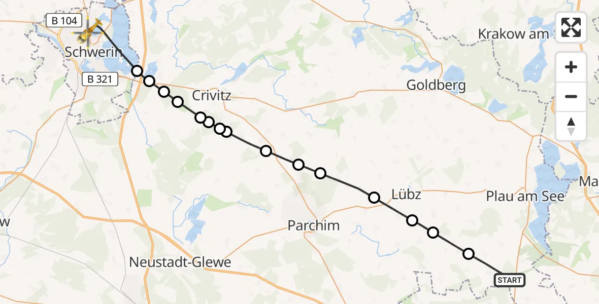 Flugroute Rettungshubschrauber Ganzlin - Schwerin, 03 Mai 2026, 16:16
