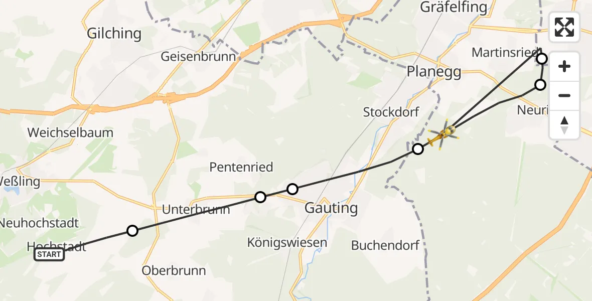 Flugroute Rettungshubschrauber Weßling - Planegg, 03 Mai 2026, 16:20