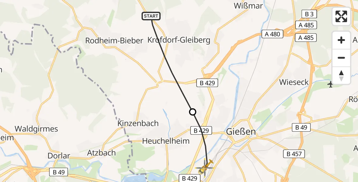 Flugroute Rettungshubschrauber Wettenberg - Gießen, 03 Mai 2026, 16:31